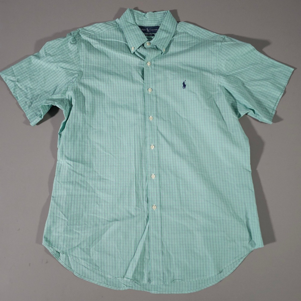 Ralph Lauren Button Down Mens L Green Plaid Classic Fit Short Sleeve Shirt
